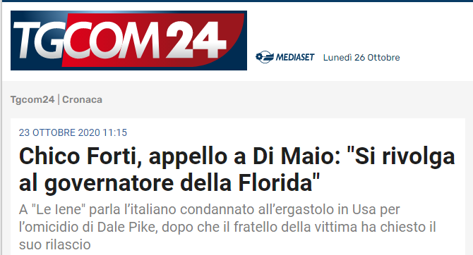 TGCOM24: Chico Forti, appello a Di Maio: “Si rivolga al governatore della Florida”