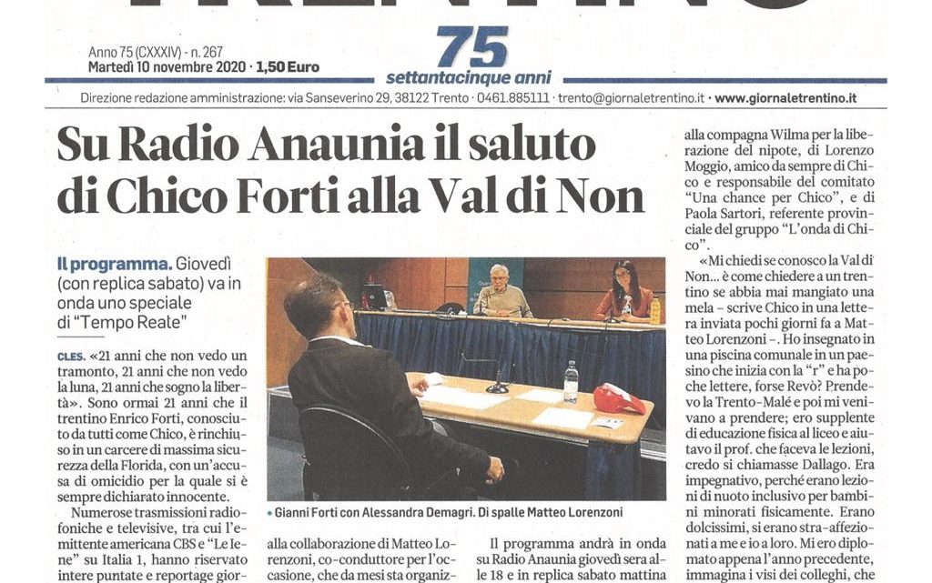 TRENTINO – “Su Radio Anaunia il saluto di Chico Forti alla Val di Non”