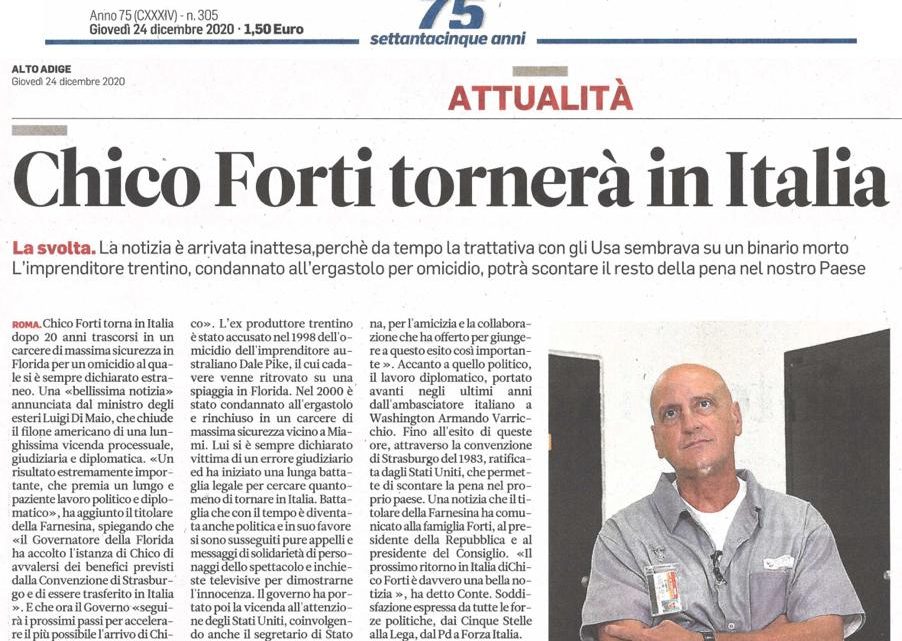 ALTO ADIGE – Chico Forti tornerà in Italia