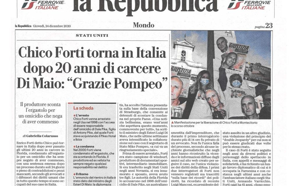 LA REPUBBLICA – Chico Forti torna in Italia dopo 20 anni di carcere. Di Maio: “Grazie Pompeo”