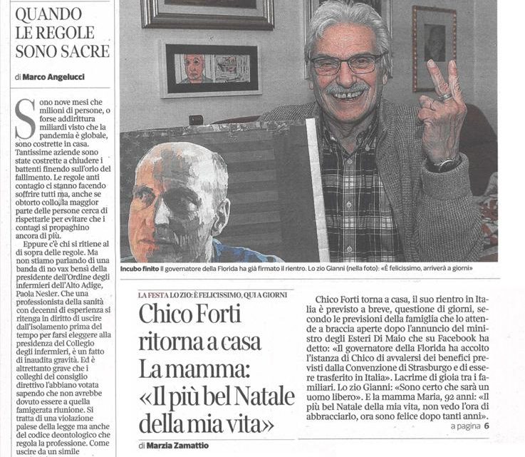 CORRIERE DEL TRENTINO – Chico Forti torna a casa: lo zio: molte sofferenze, ora la gioia