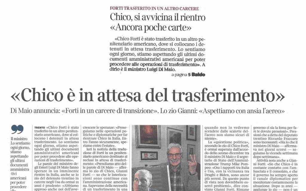 CORRIERE DEL TRENTINO – “Chico è in attesa del trasferimento”.