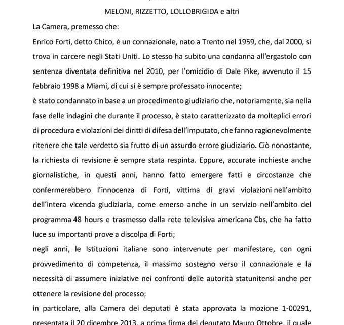 Atto Camera – Mozione a favore di Chico Forti presentata da Meloni, Rizzetto, Lollobrigida e altri