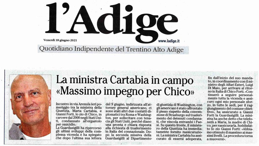 L’ADIGE – La Ministra Cartabia in campo «Massimo impegno per Chico»