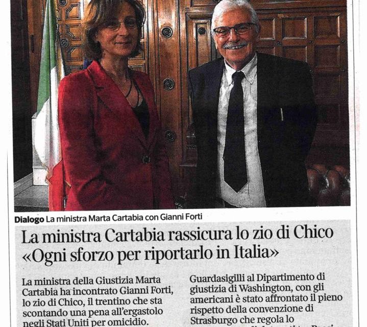 CORRIERE DEL TRENTINO – “La Ministra Cartabia rassicura lo Zio di Chico: «Ogni sforzo per riportarlo in Italia»”