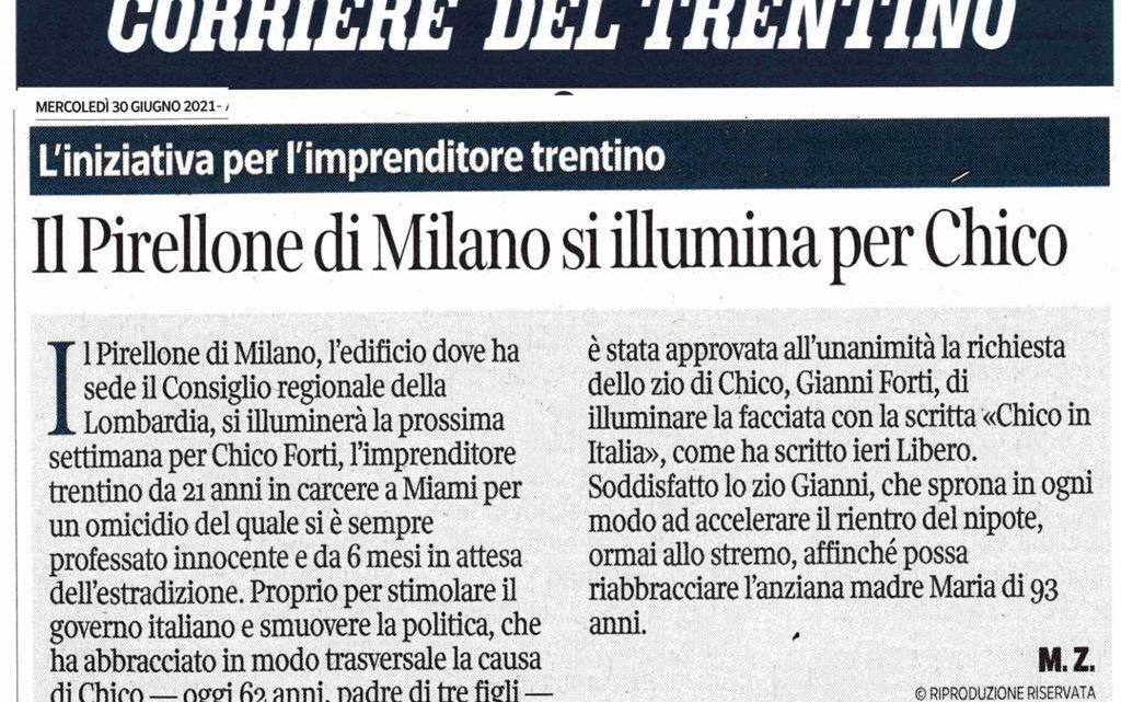 CORRIERE DEL TRENTINO – Il Pirellone di Milano si illumina per Chico