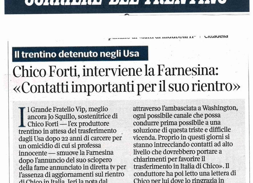 CORRIERE DEL TRENTINO – Chico Forti, interviene la Farnesina “Contatti importanti per il suo rientro”