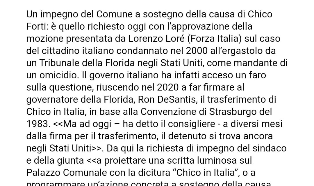 COMUNE DI SIENA – Approvata la mozione di Lorè per sostenere la causa di Chico Forti