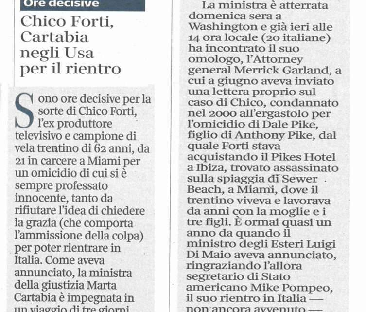 CORRIERE DEL TRENTINO – “Chico Forti, Cartabia negli USA per il rientro”