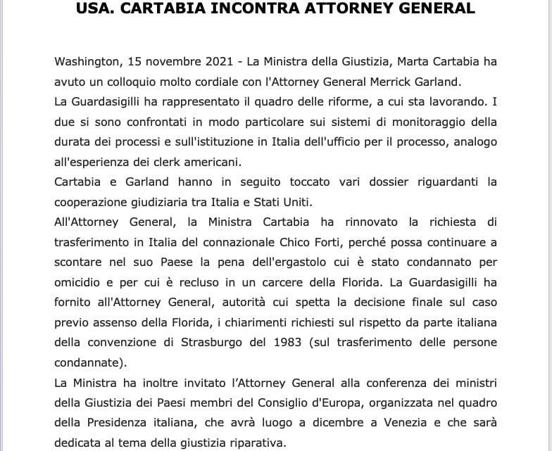 MINISTERO DELLA GIUSTIZIA – Comunicato stampa: “USA. Cartabia Incontra Attorney General”
