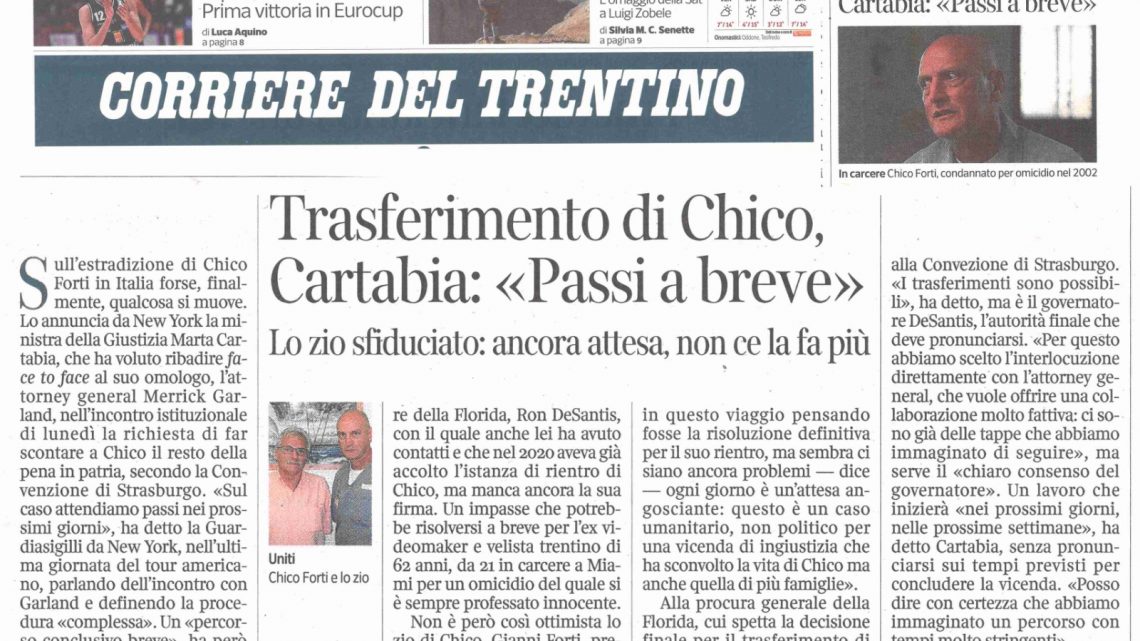 CORRIERE DEL TRENTINO – Trasferimento di Chico, Cartabia: “Passi a breve”