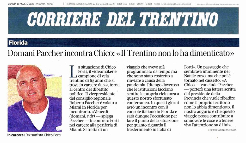 CORRIERE DEL TRENTINO – Domani Paccher incontra Chico: “Il Trentino non lo ha dimenticato”