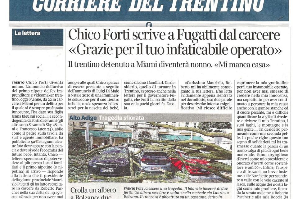 CORRIERE DEL TRENTINO – Chico Forti scrive a Fugatti dal carcere “Grazie per il tuo infaticabile operato”