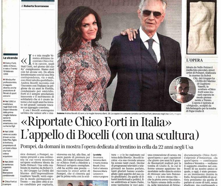 CORRIERE DELLA SERA – “Riportate Chico Forti in Italia”. L’appello di Bocelli (con una scultura)