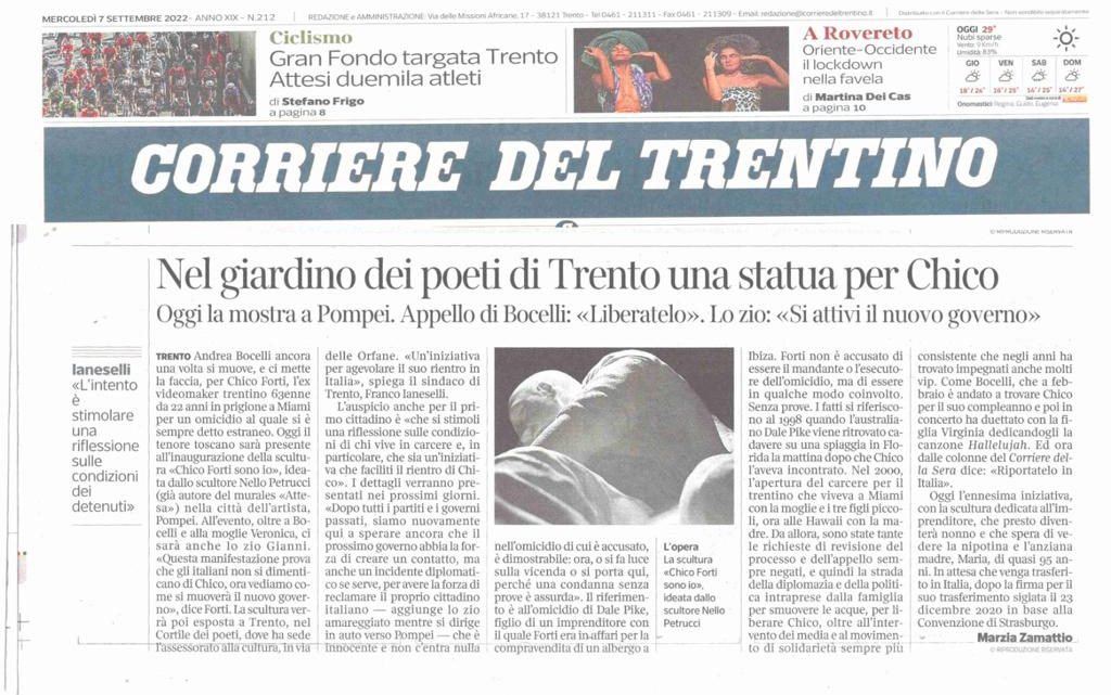 CORRIERE DEL TRENTINO – Nel giardino dei poeti di Trento una statua per Chico