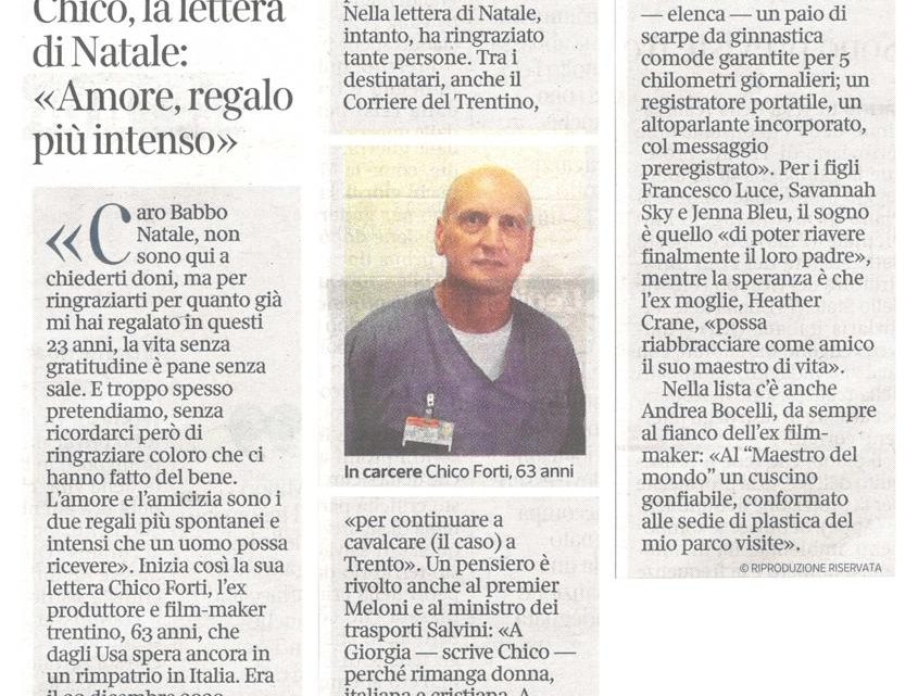 CORRIERE DEL TRENTINO – Chico, la lettera di Natale: “Amore, regalo più intenso”