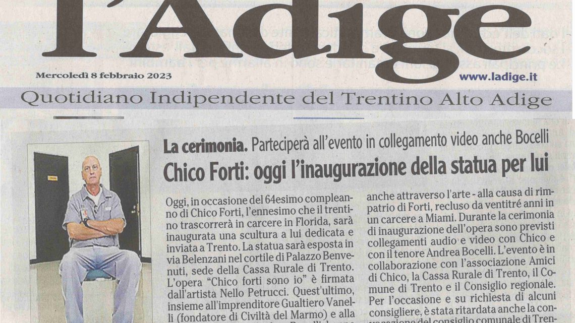 L’ADIGE – Chico Forti: oggi l’inaugurazione della statua per lui