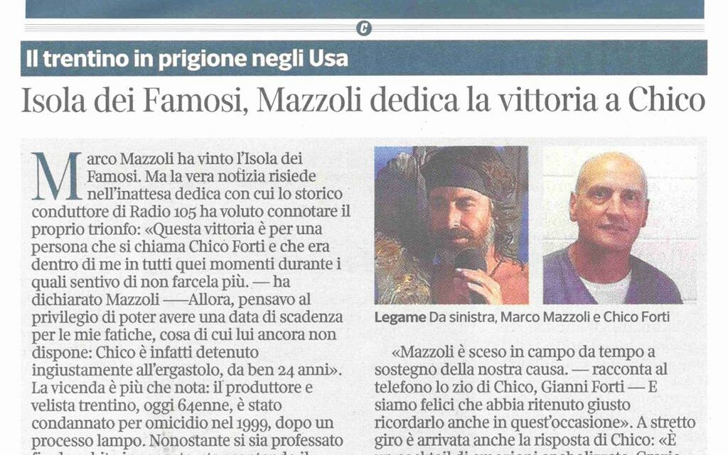 CORRIERE DEL TRENTINO – Isola dei Famosi, Mazzoli dedica la vittoria a Chico