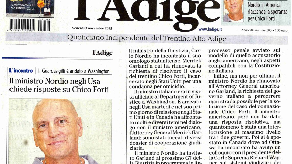 L’ADIGE – Il Ministro Nordio negli USA chiede risposte su Chico Forti